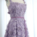 Lilac 3D Embroidered Flowers High Slit Evening Dress