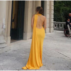 Yellow Satin Backless Lace - Up Off - Shoulder Maxi Dress