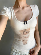 Cat Print Square Neck Slim Fit TShirt Crop Top