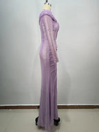 Off - Shoulder Long Sleeve Asymmetric Mesh Dress