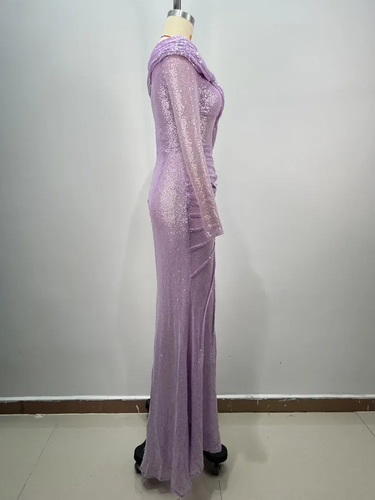 Off - Shoulder Long Sleeve Asymmetric Mesh Dress