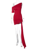 Oblique - Shoulder Backless Irregular Draped Dress