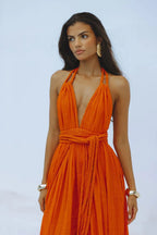 Solid Split Pleated Bandage Long Dress
