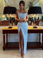 Strapless Mesh Sequins Ruffles Maxi Dress