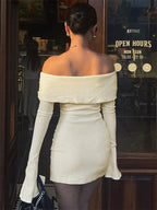 Backless Lace Up Slim MIni Dress Women's Elegant Ribbed Long Sleeve Off Shoulder Summer 2024 Dress Female Party Dress