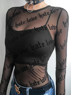 Letter Print Perspective Sheer Top