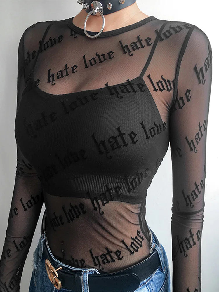 Letter Print Perspective Sheer Top