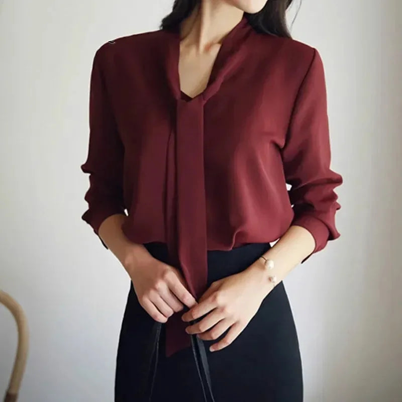 Casual Long Sleeve Bow Tie Fashion Vneck Chiffon Blouse
