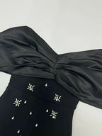 Off Shoulder Black Pleated Sleeves Crystal Dress