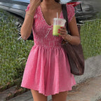 Gingham Vneck Shirred Plaid Romper