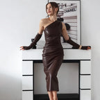Off - Shoulder Strapless Faux Leather Patchwork Dress