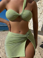 Shiny Skirt One Shoulder Three Piece Swim Sets