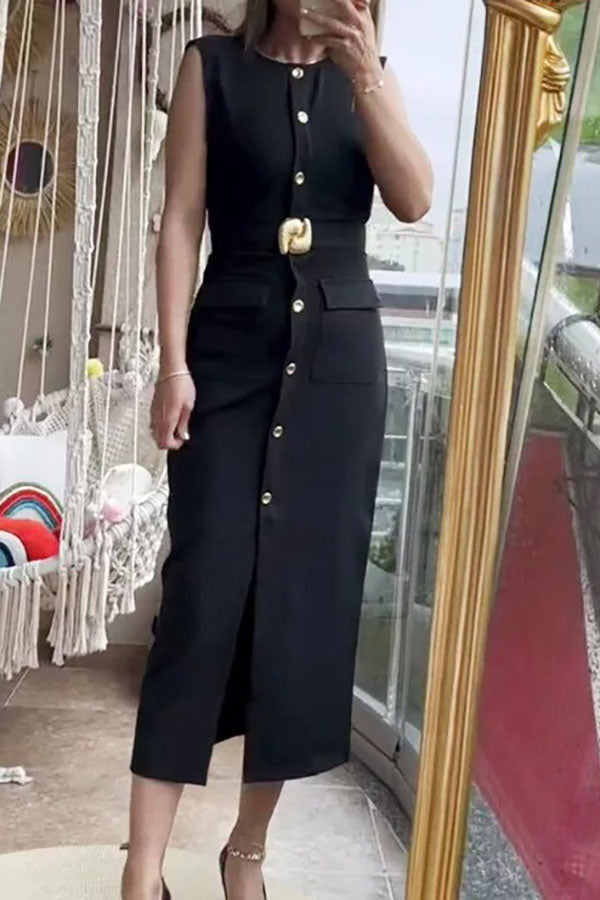 Danina Button Up Sleeveless Metal Belted Pocket Stretch Midi Dress