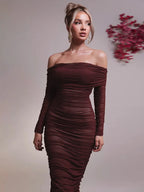 Off - shoulder Slash Neck Solid Maxi Dress