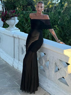 Patchwork Mesh Off Shoulder Midi Dress