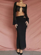 Green See Through Lace Cut Out Cropped Maxi Two Piece Skirt Set