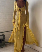 Summer Slim - Fit See - Through V - Neck Long Sleeve Dress