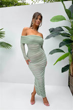 Off - shoulder Slash Neck Solid Maxi Dress