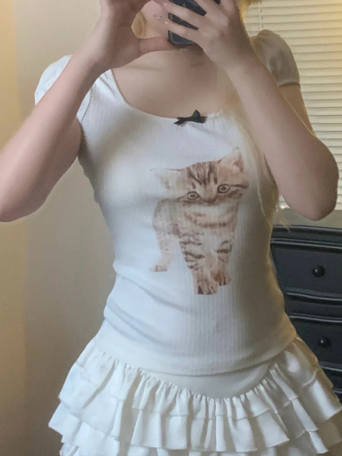 Cat Print Square Neck Slim Fit TShirt Crop Top