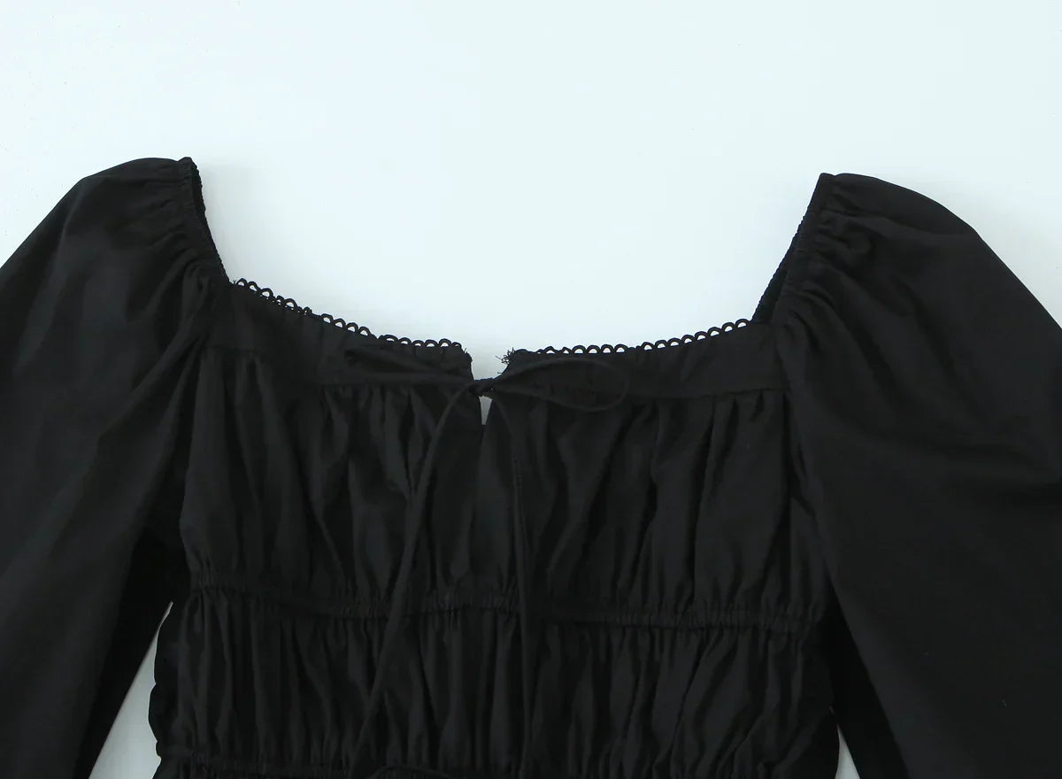 Bow Square Collar Puff Long Sleeve Elastic Waist Mini Dress