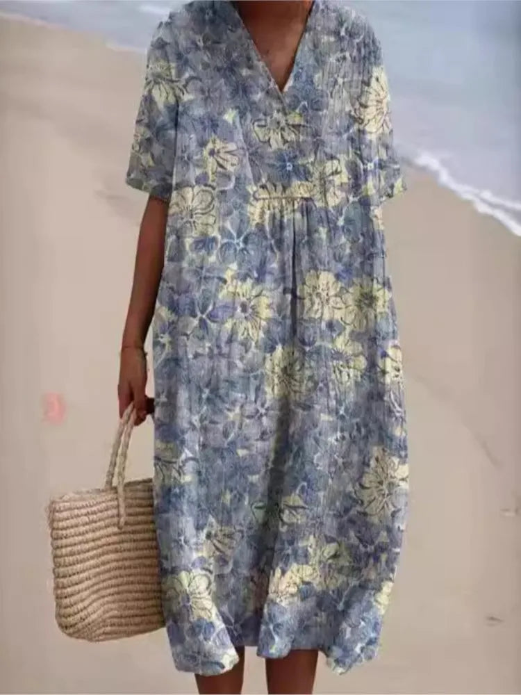 Ramona Statement Floral Print Cotton and Linen Dress Boutique Collection