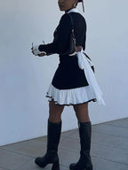 Ruffled Contrast Bow Open Back Lace - Up Knit Mini Dress
