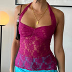 Floral Lace Mesh SeeThrough Backless Y2K Cami Top