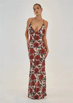 Red Floral Maxi Dress with Cowl Neck & Tie Back