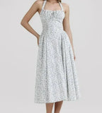 Floral Bow Halter Neck Lacing Up Midi Dress