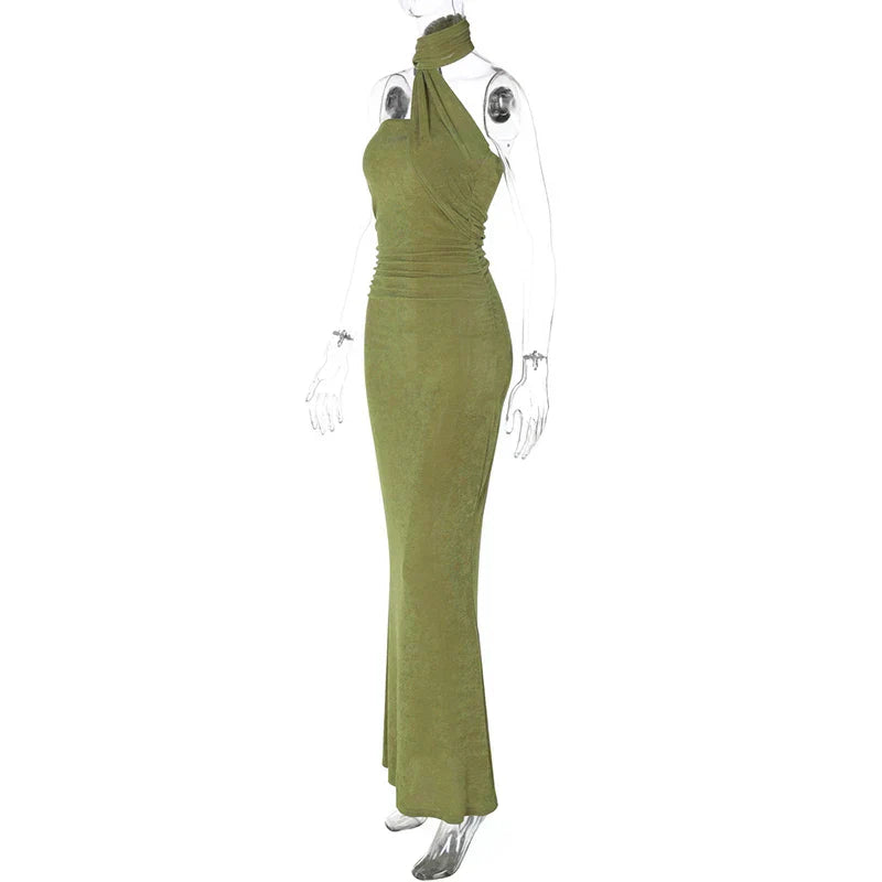 Halter Green Off - shoulder Backless Long Dress
