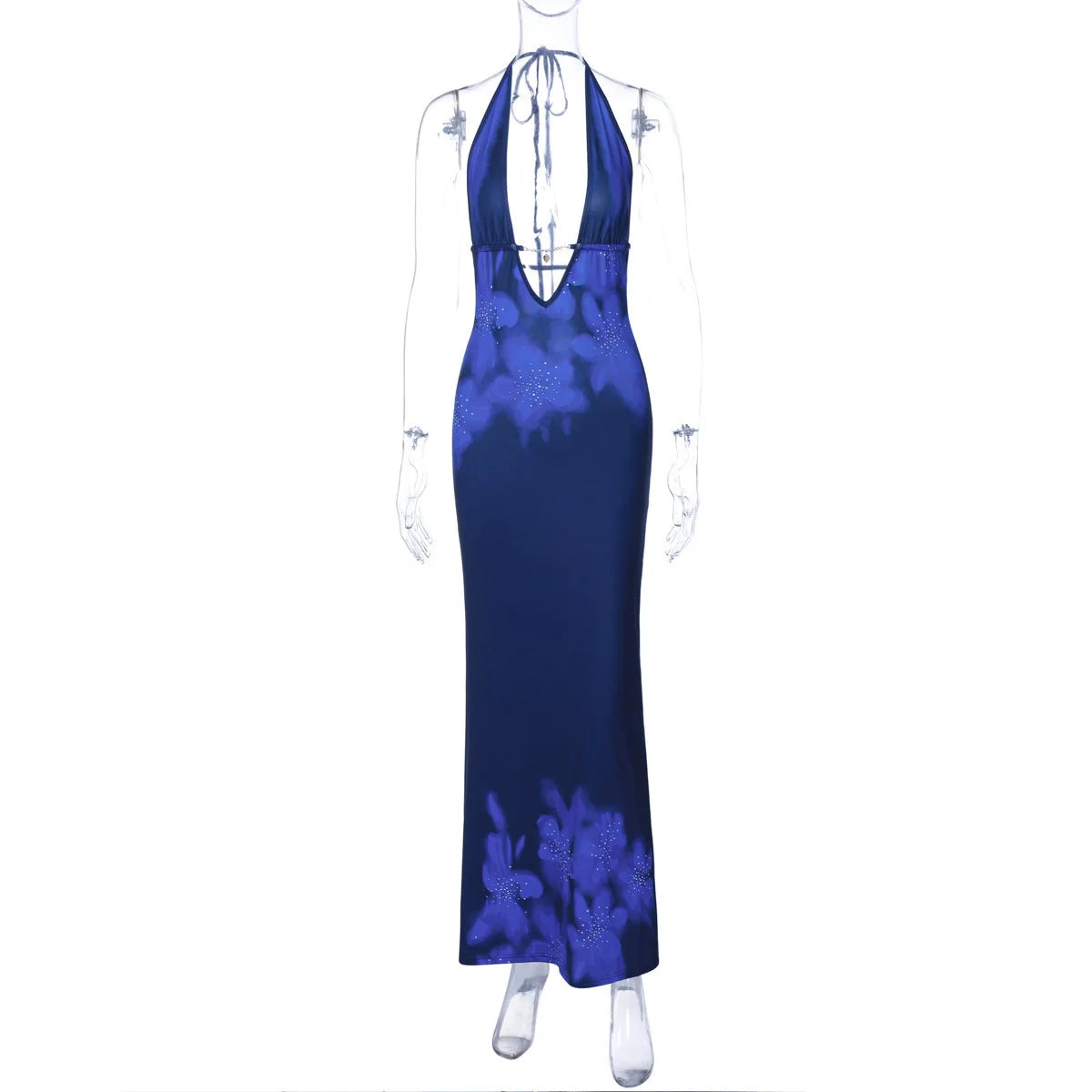 Printed Deep V Backless Long Dress
