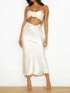 3D Flowers Ruched Satin Bandeau Two Piece Skirt Set