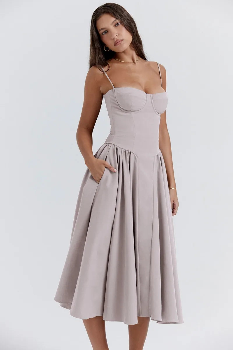 Milagros Premium Sleeveless Midi Dress with a Corset Fit Elevated Occasion Wear