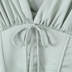 Stain Pleated Ruched Strap Bow Folds Hem Mini Dress