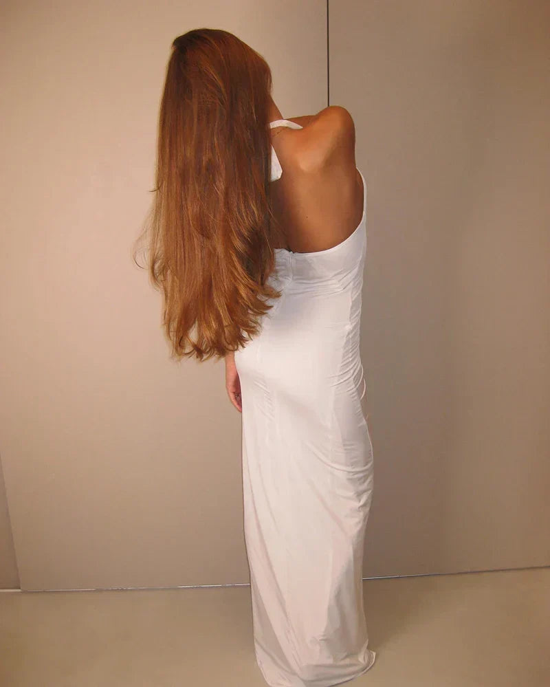 White Floral Halter Sleeveless Ruffled Long Dress