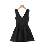 Stain Pleated Ruched Strap Bow Folds Hem Mini Dress