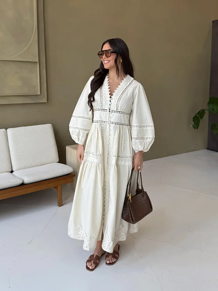 Hollow Lace Vneck Patchwork Maxi Midi Dress
