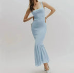 Light Blue Spliced Ruffles Hem Midi Dress