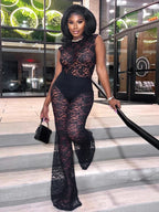 Mesh See Through Flared Two Piece Pants Set