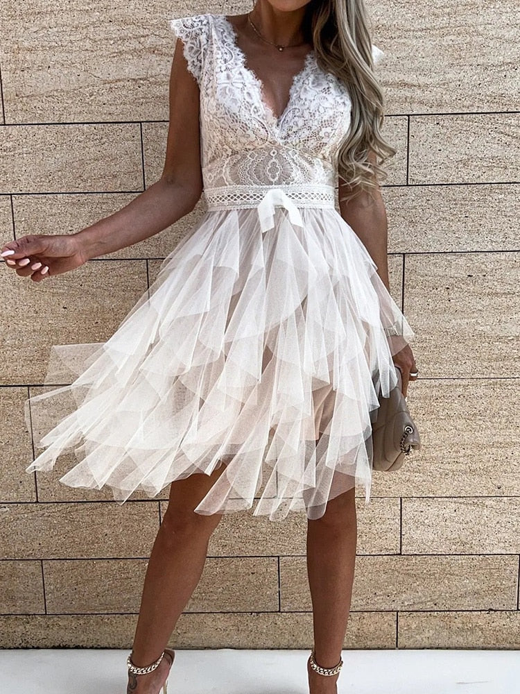 DressBetty - Lace Patchwork Asymmetrical White Dress Femme Sexy Sleeveless Slim Fit Party