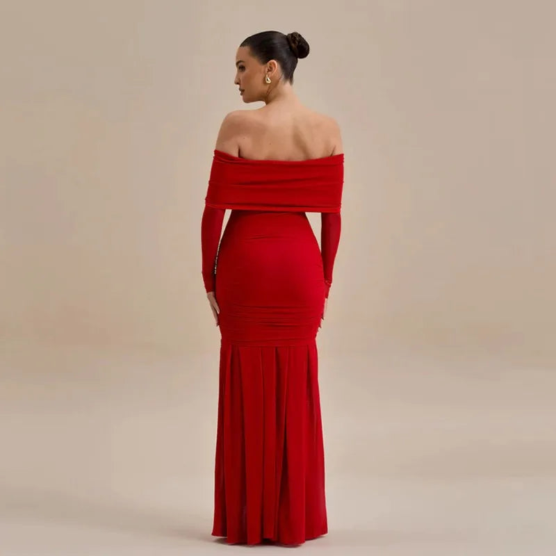 3D Flower - appliqué Mesh Long Sleeve Fishtail Maxi Dress