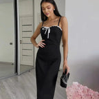 Open Back Lace Patchwork Black Maxi Dress
