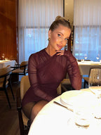 Mesh Solid Long Sleeves Folds Mini Dress