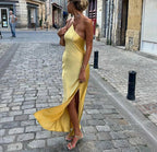 Backless Satin Slant Shoulder Solid Slit Long Dress
