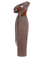 One Shoulder Draped Glitter Brown Maxi Dress