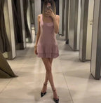 Square Collar Sleeveless Pleated Short Dress