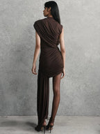 Draped Ruched Turtleneck Pleated Mini Dress