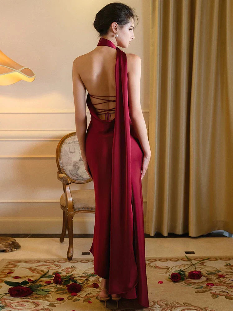Satin Backless Halter Ribbon Black Maxi Dress