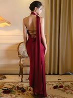 Satin Backless Halter Ribbon Black Maxi Dress