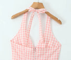 Pink White Plaid Bow Halter V Collar Midi Dress